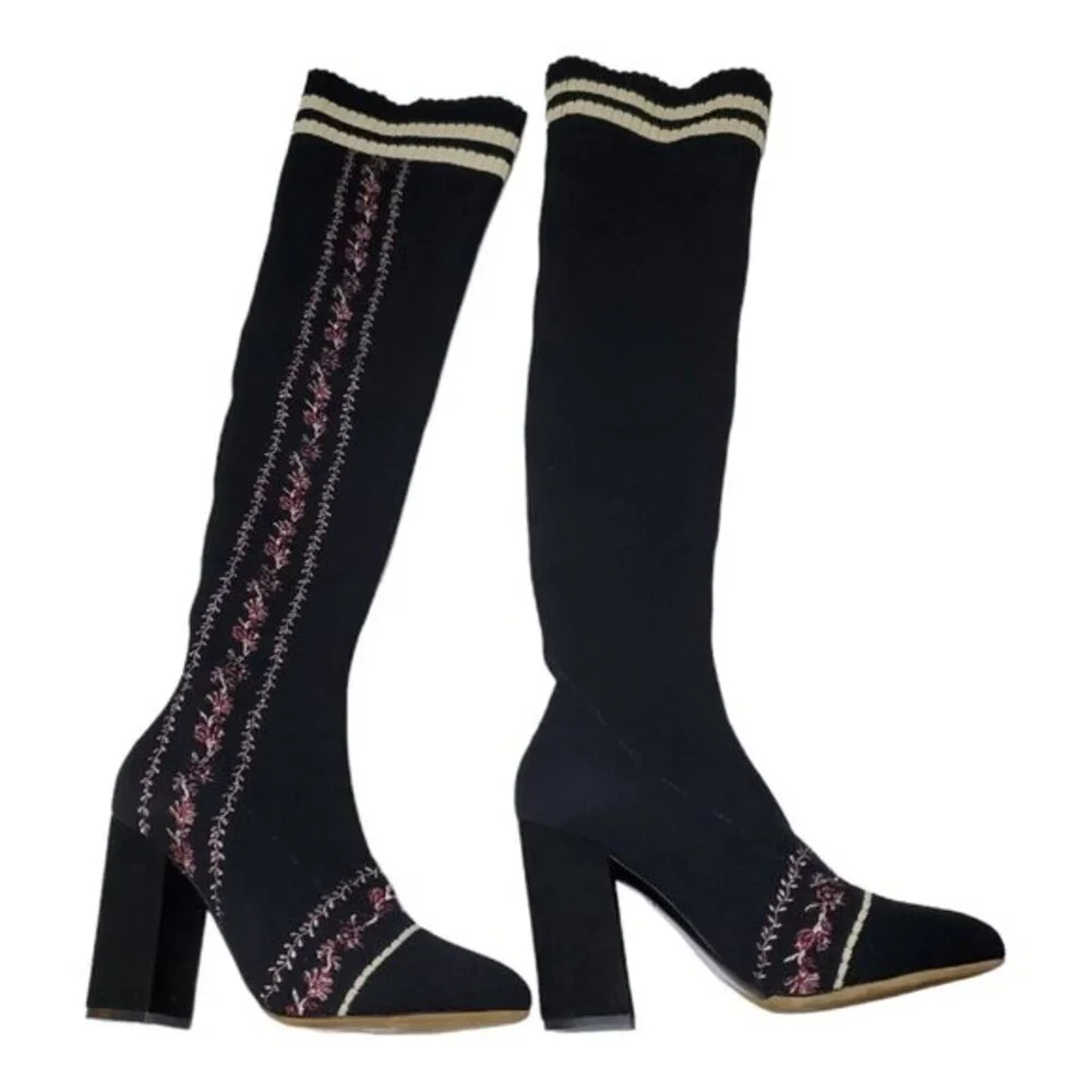 TABITHA SIMMONS Irina Floral Embroidered Over-the-Knee Sock Boot Womens 39.5 9.5